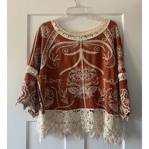 Ania A Brunt Orange Embroidered Boho Bell Sleeve Blouse Top Womens XL